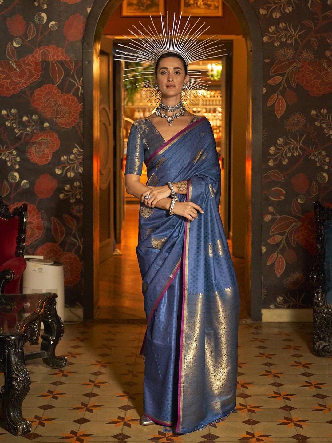 

Mitera Embellished Zari Silk Blend Saree, Navy blue