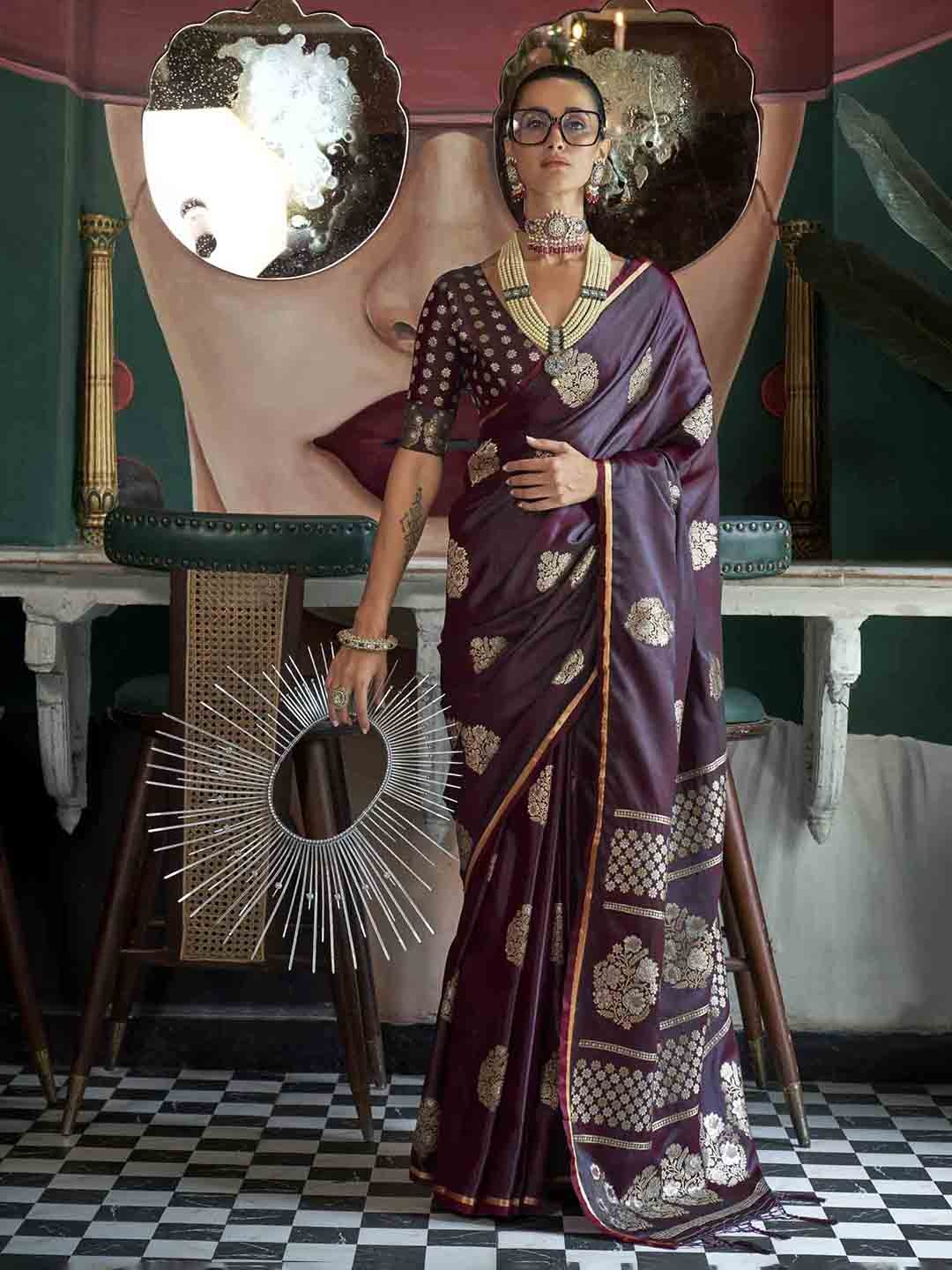 

Mitera Woven Design Zari Satin Saree, Burgundy