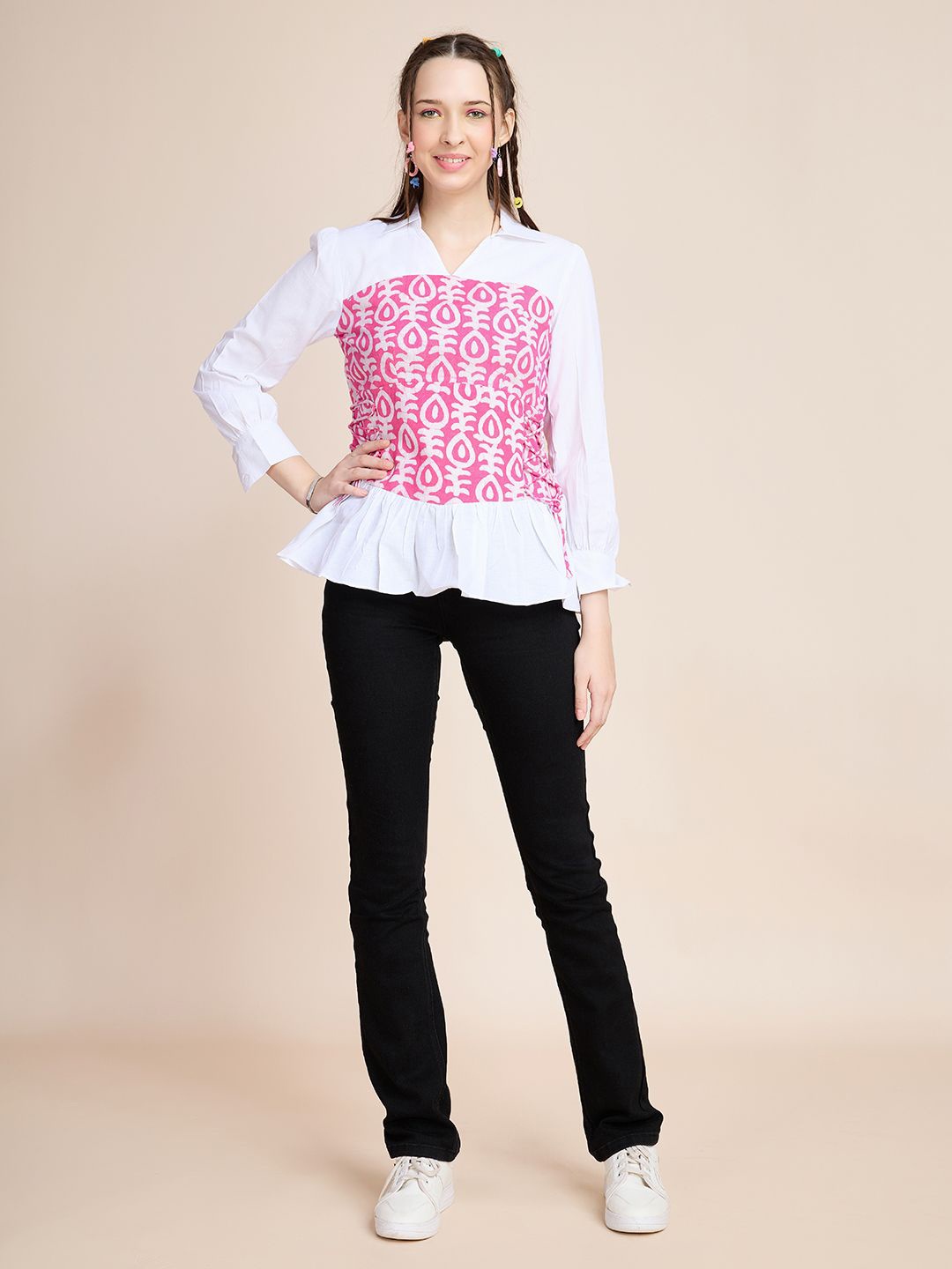 

BOONS n PERKKS Women Printed Shirt Collar Corset Top, White