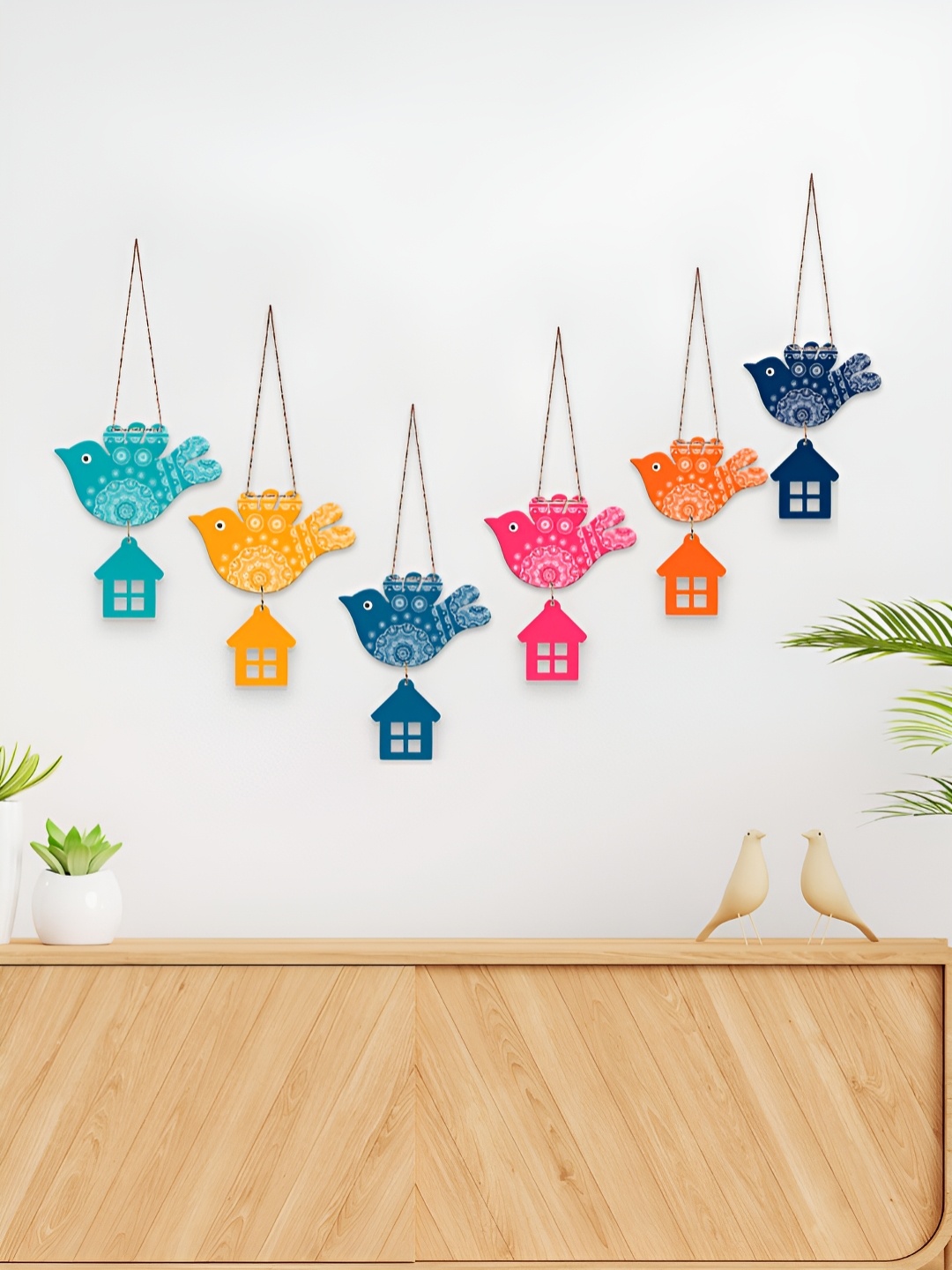 

ArtVibes 6 Pcs Blue & Pink Flying Birds Printed Wooden Wall Hanging