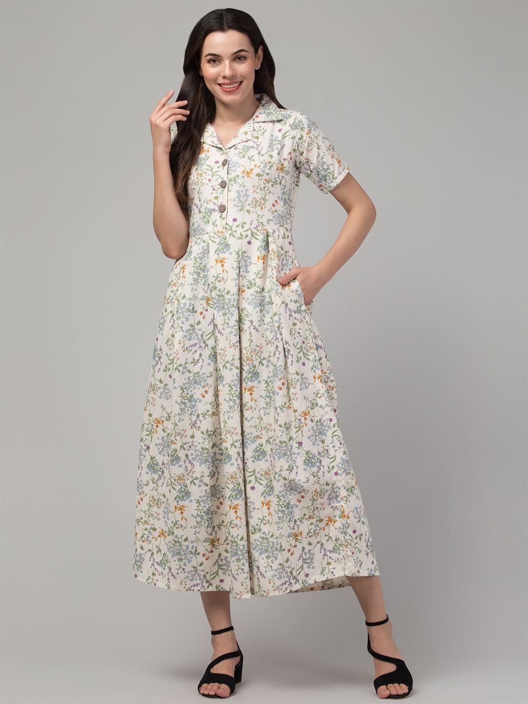 

Zuvino Floral Print Linen Shirt Midi Dress, Off white