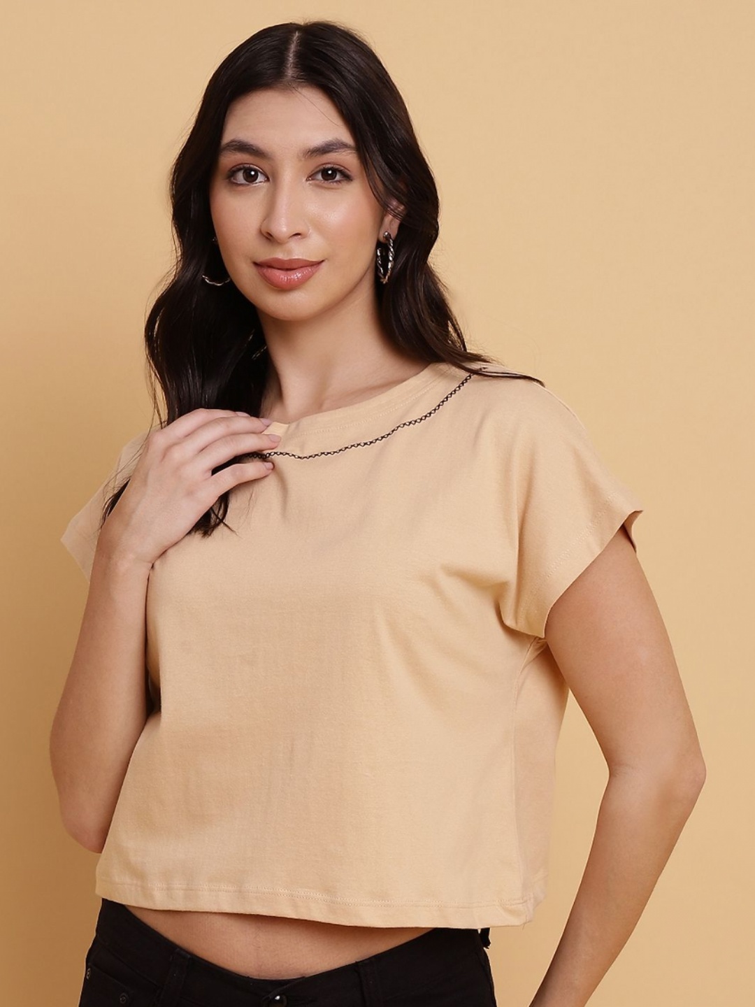 

Sands of India Women Extended Sleeves Crop T-shirt, Brown