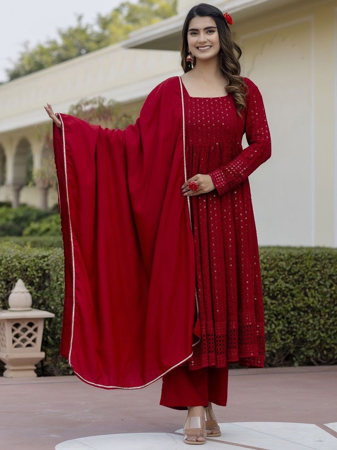 

SUNEKH Women Floral Embroidered Regular Kurta with Palazzos & With Dupatta, Red