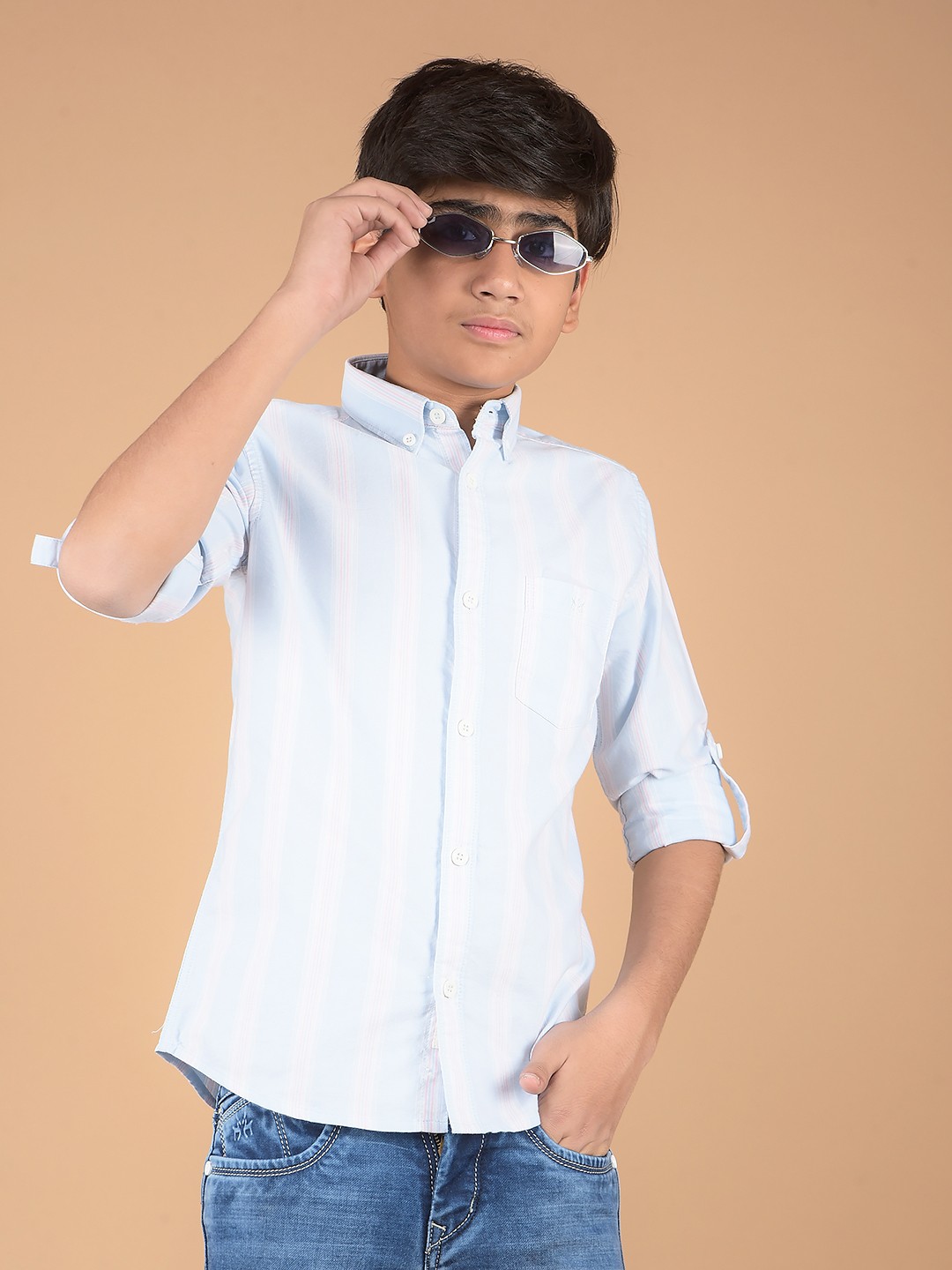 

Crimsoune Club Boys Premium Slim Fit Opaque Striped Casual Shirt, Blue