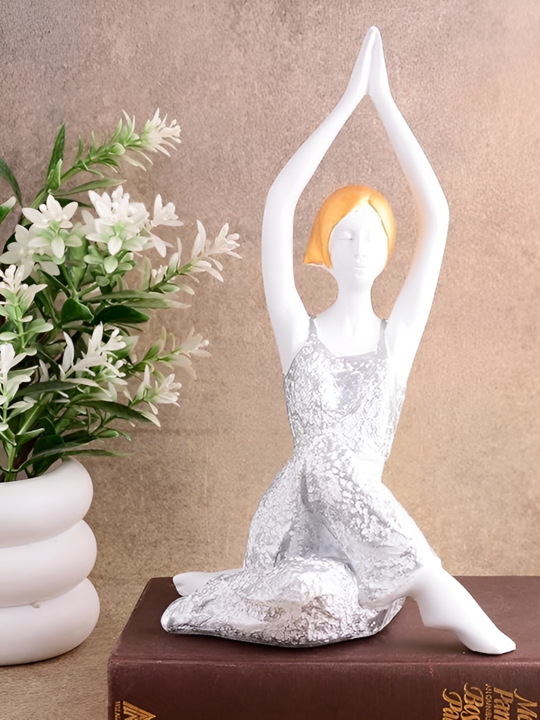 

Zart White & Silver-Toned Textured Yoga Lady Showpiece