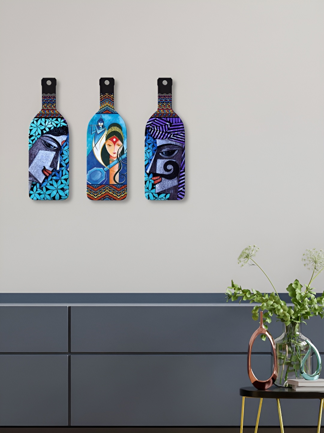 

ArtVibes Blue Set Of 3 Printed Radha Krishna Bottle-Shaped Wooden Wall Hanging