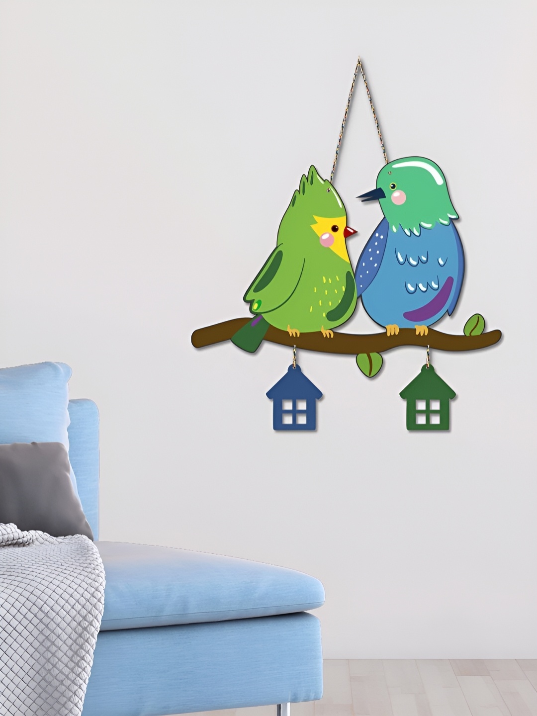 

ArtVibes Green & Blue Printed Cute Pair Of Birds Wooden Wall Hanging