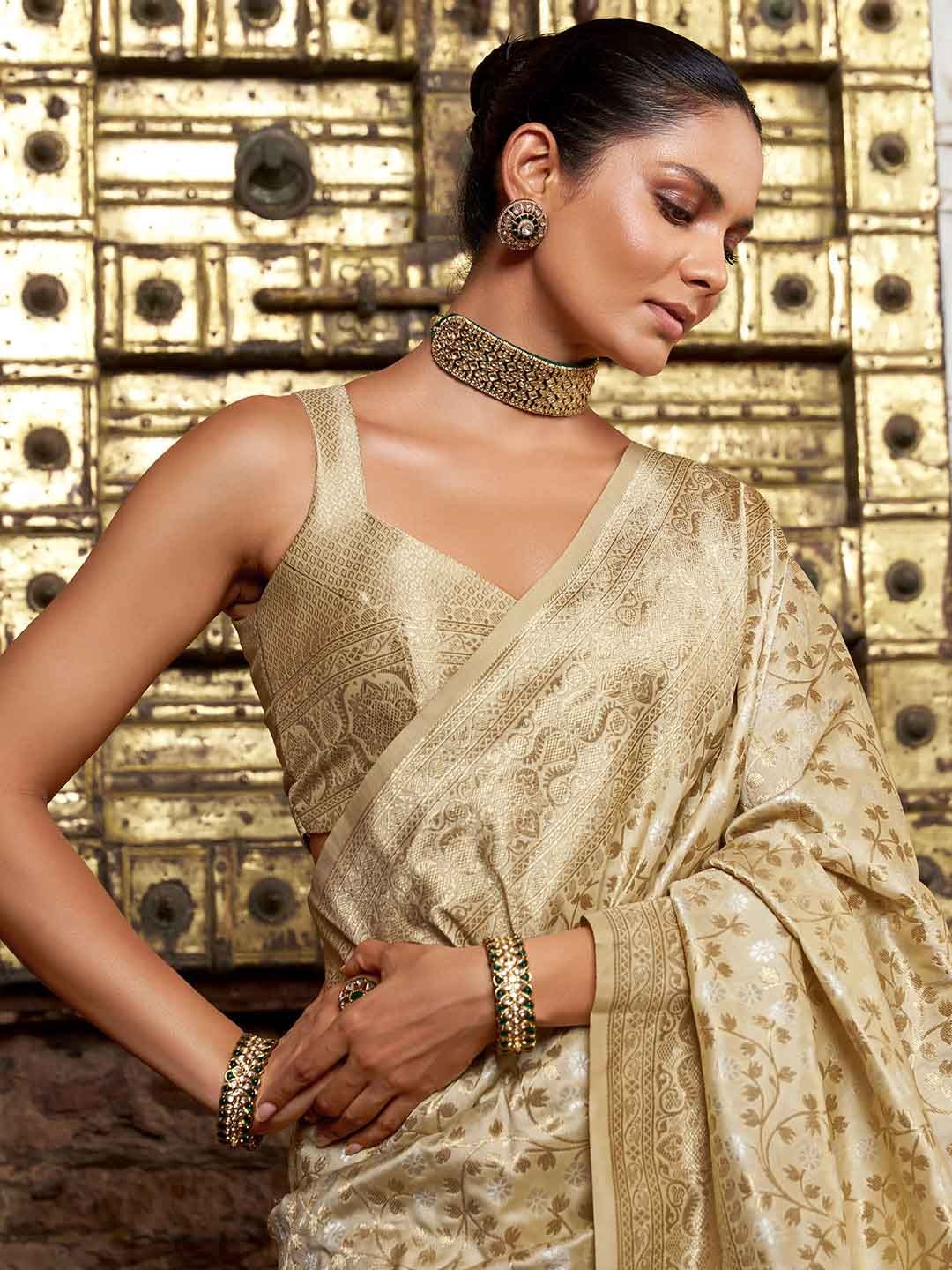 

Anouk Ethnic Motifs Zari Silk Blend Kanjeevaram Saree, Cream