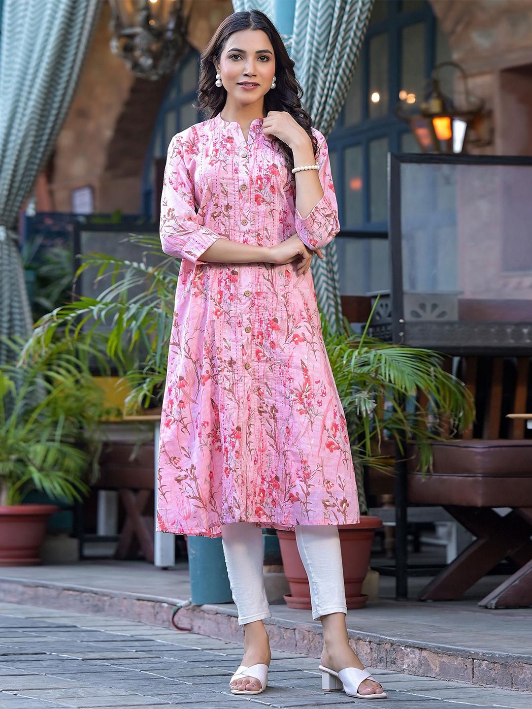 

Peachmode Floral Foil Printed Pure Cotton A-Line Kurtas, Peach