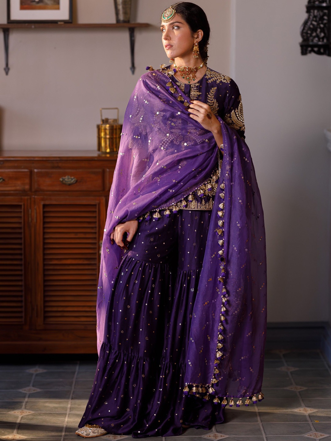 

Payal Singhal Women Ethnic Motifs Embroidered Regular Beads and Stones Kurti with Sharara & With Dupatta, Purple