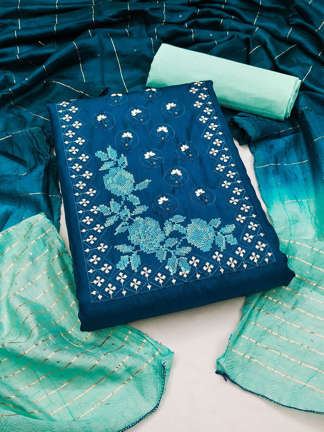 

Maroosh Embellished Unstitched Dress Material, Blue