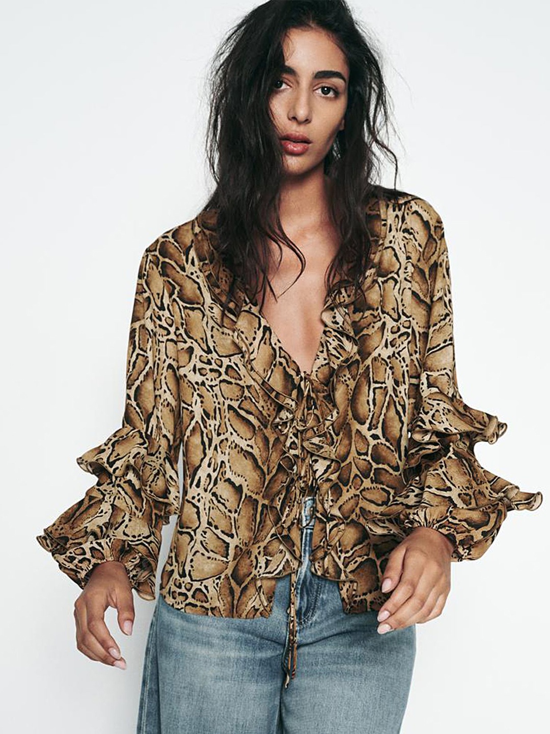 

LULU & SKY Animal Print Bell Sleeve Top, Brown