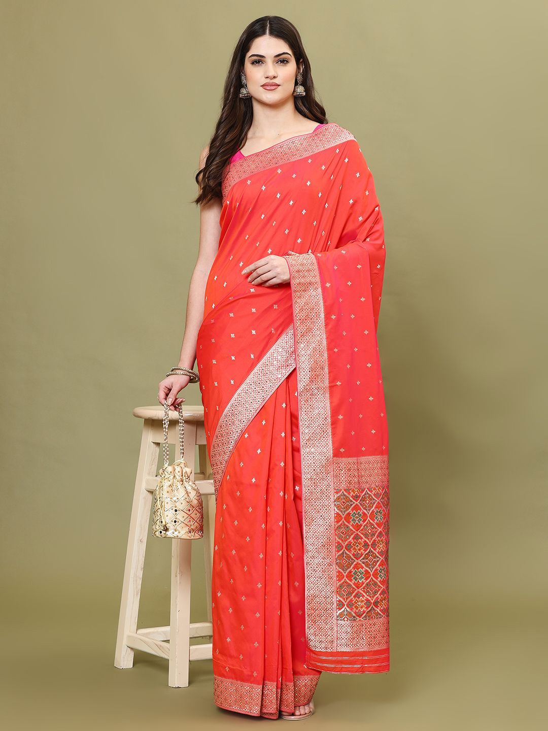 

Meena Bazaar Ethnic Motifs Woven Art Silk Banarasi Saree, Pink