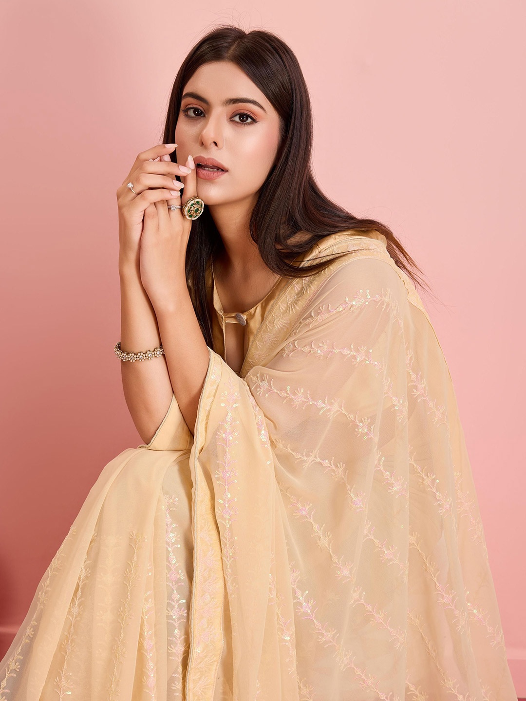 

HERE&NOW Embellished Sequinned Ready to Wear Saree, Cream
