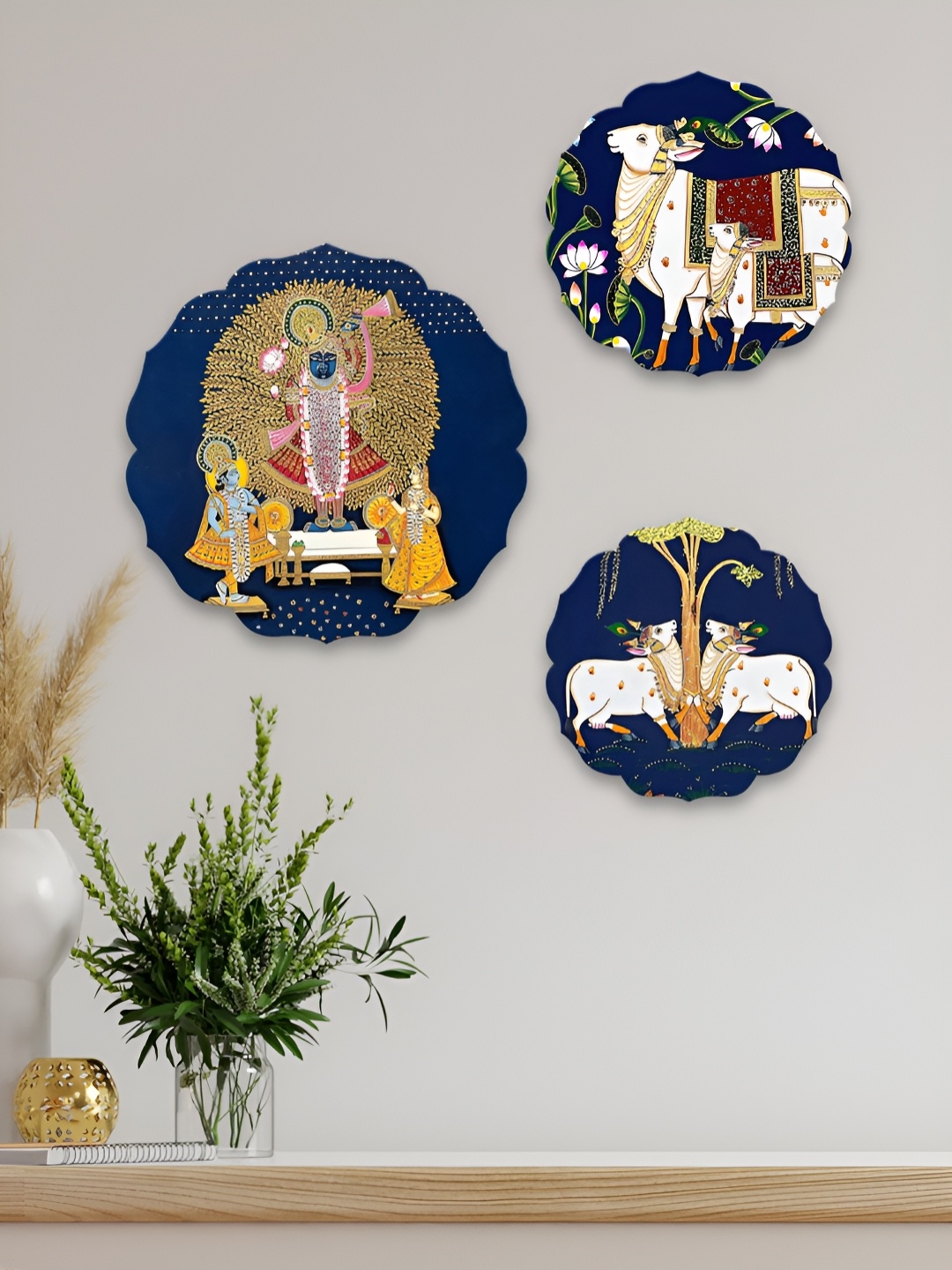 

ArtVibes 3Pcs Blue & White Printed Wooden Wall Decor Hangings