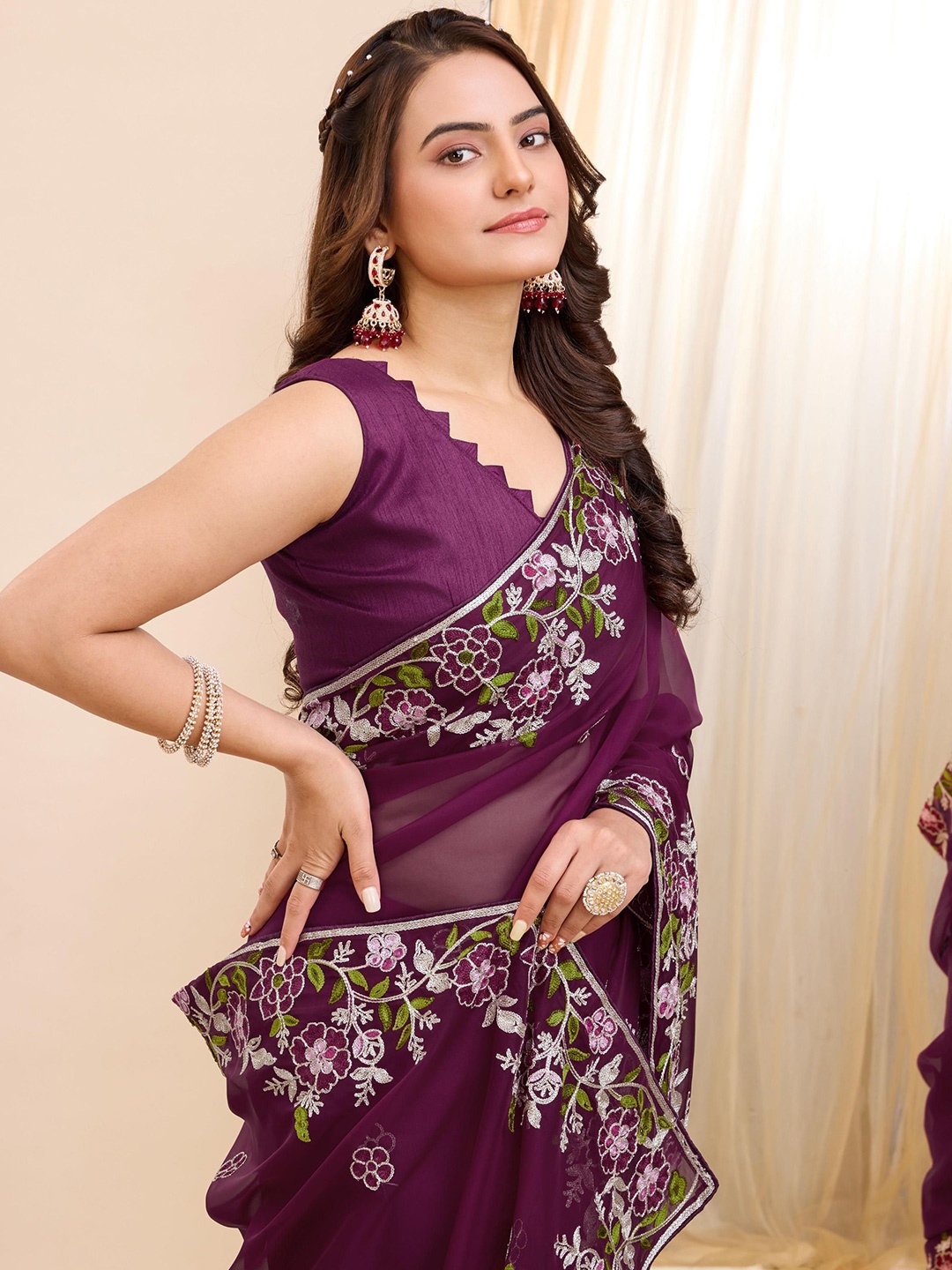 

HERE&NOW Floral Embroidered Organza Ready to Wear Saree, Purple