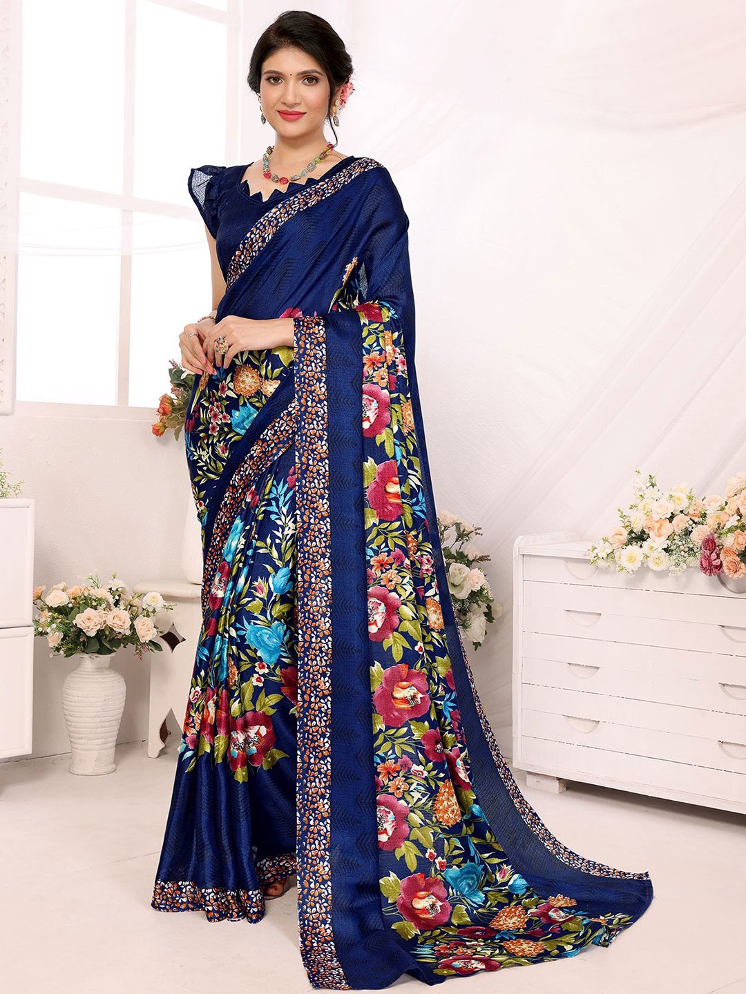 

KALINI Floral Art Silk Saree, Blue