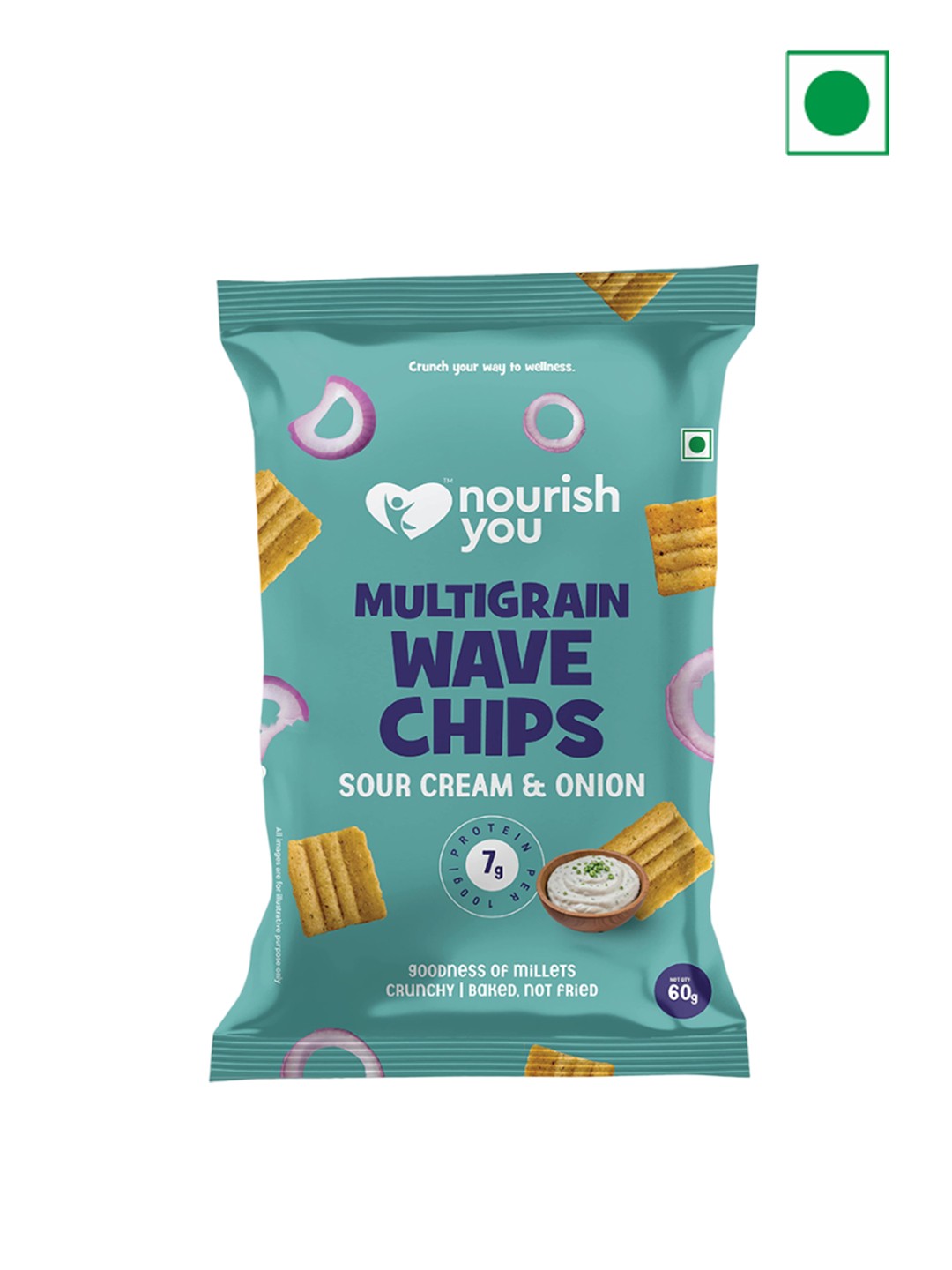 

Nourish You Pack Of 2 Millet Snack - Multigrain Chips - Sour cream & Onion Flavor - 60 g, Turquoise blue