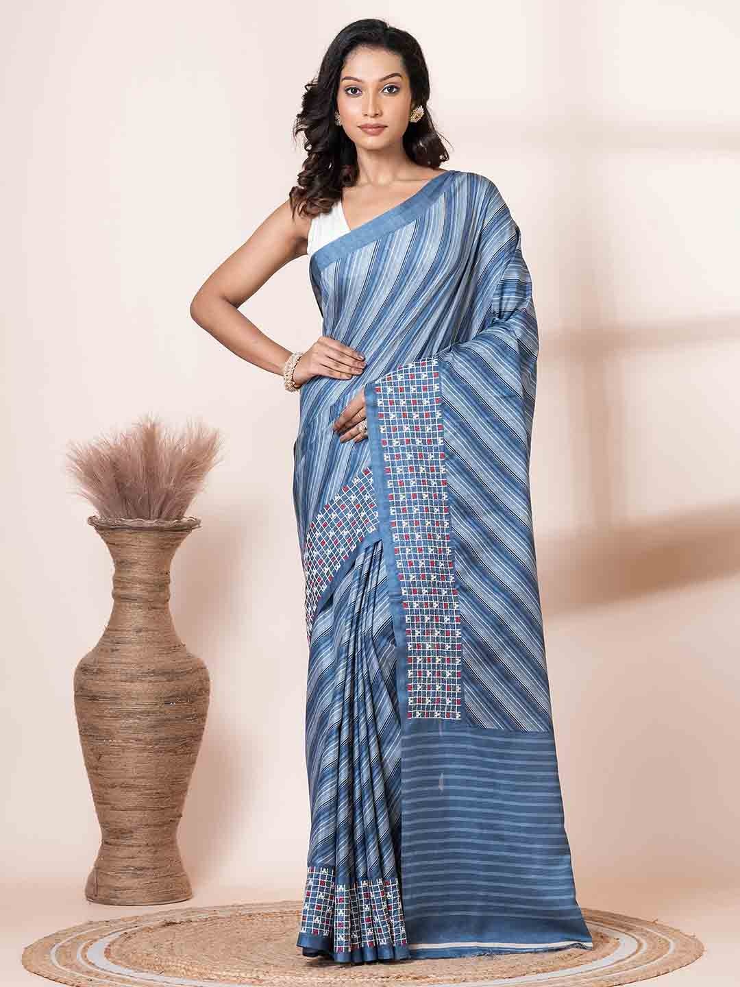 

VIBHAVARI Striped Embroidered Silk Blend Saree, Blue