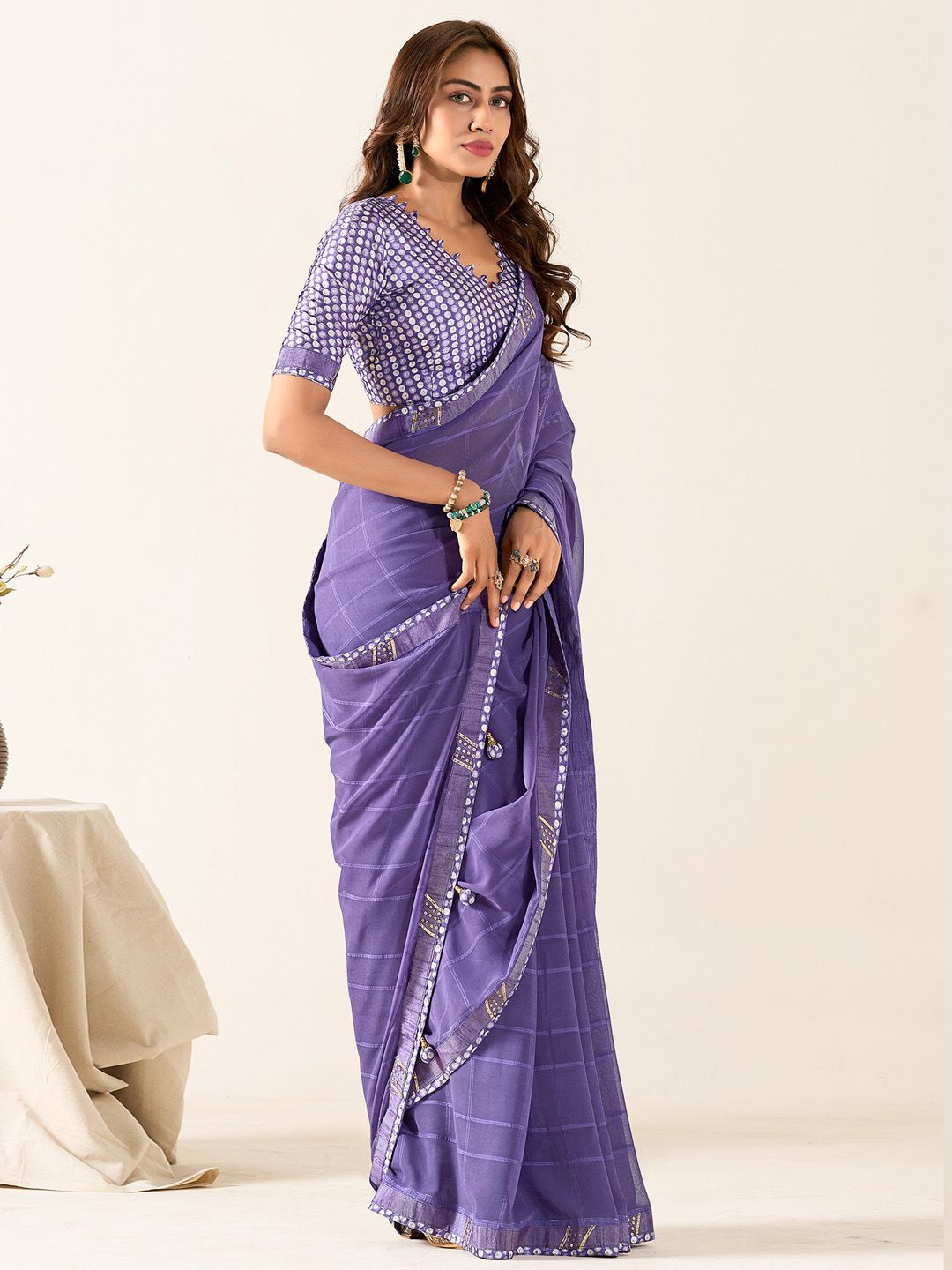 

Saree mall Checked Sequinned Poly Georgette Sarees, Purple