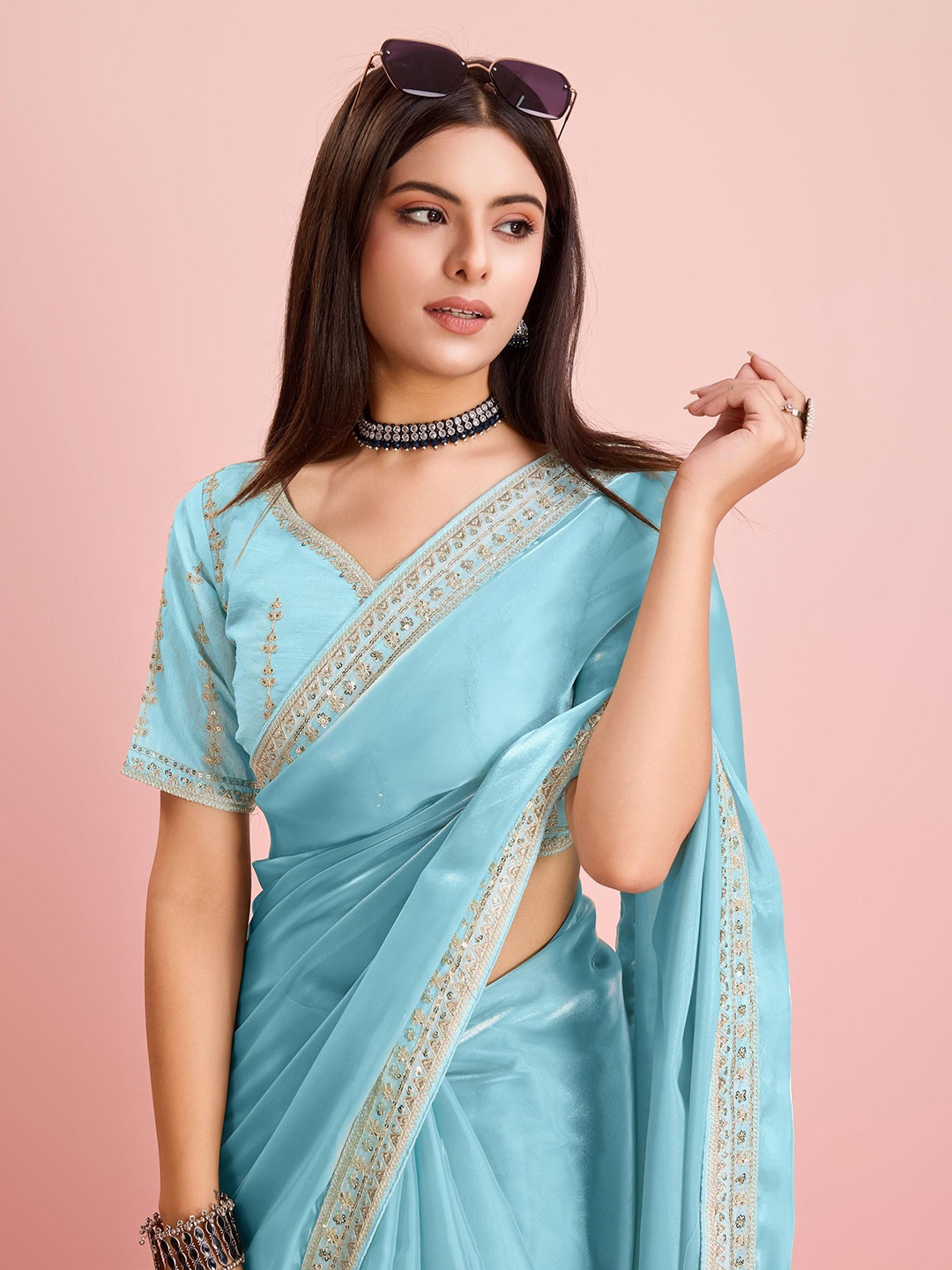 

HERE&NOW Sequinned Ready to Wear Saree, Blue