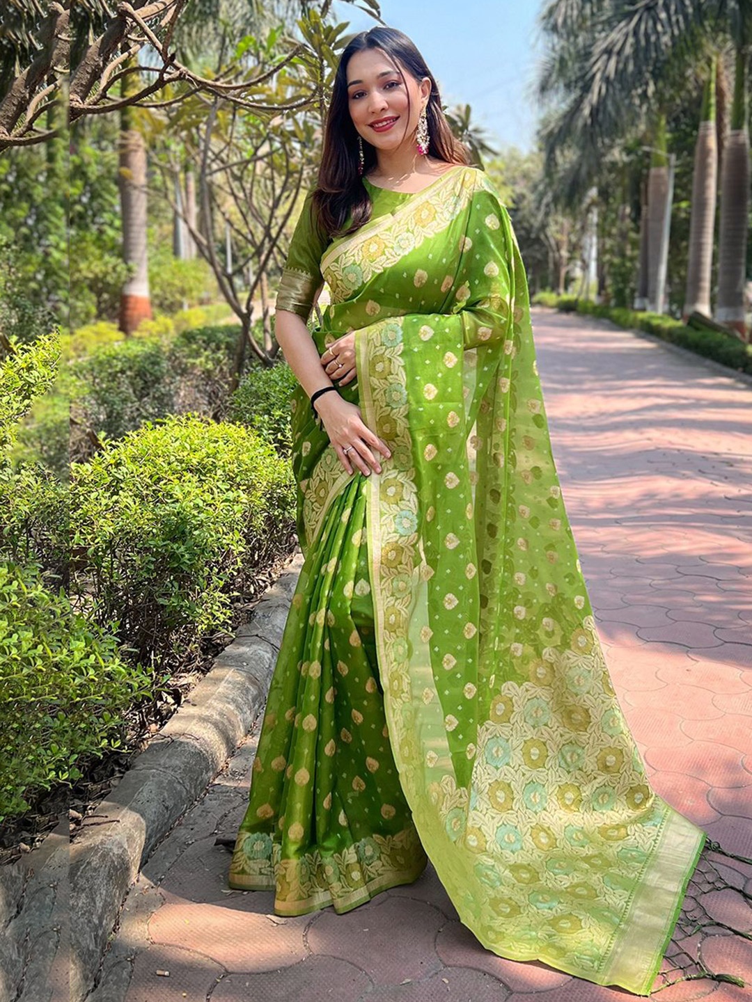 

DEVATITHI Woven Design Zari Organza Saree, Green