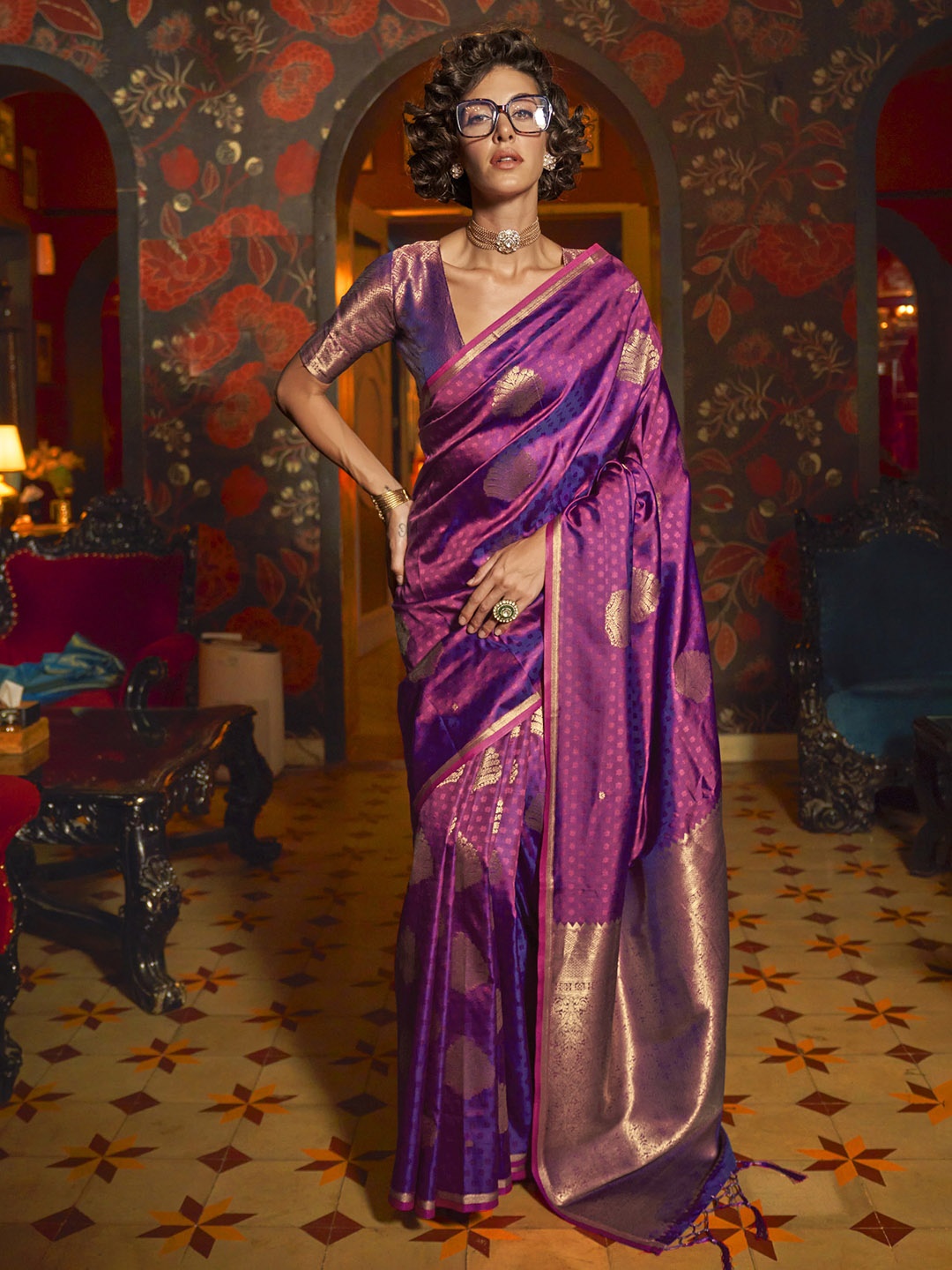 

Mitera Woven Design Zari Silk Blend Saree, Purple