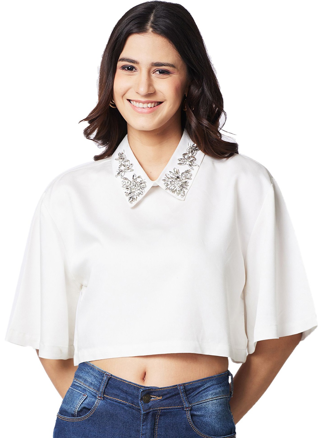 

IZEL Women Solid Embellished Collar Shirt Style Top, White