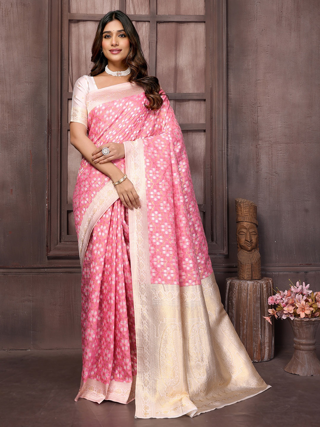 

KALINI Women Cotton Ethnic Motifs Woven Design Woven Saree With Blouse Piece, Pink