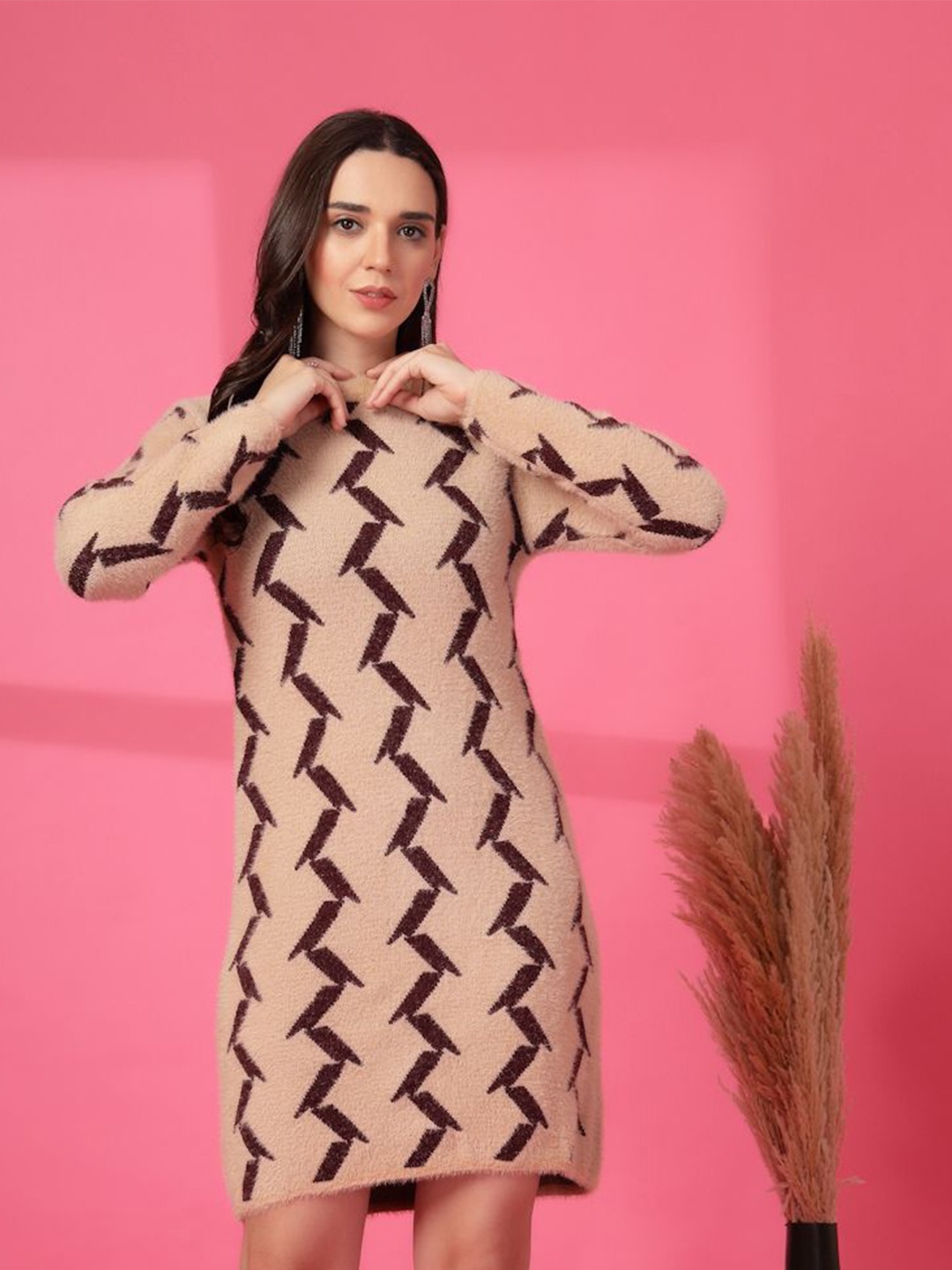 

Clora Creation Print Woollen Dress, Beige