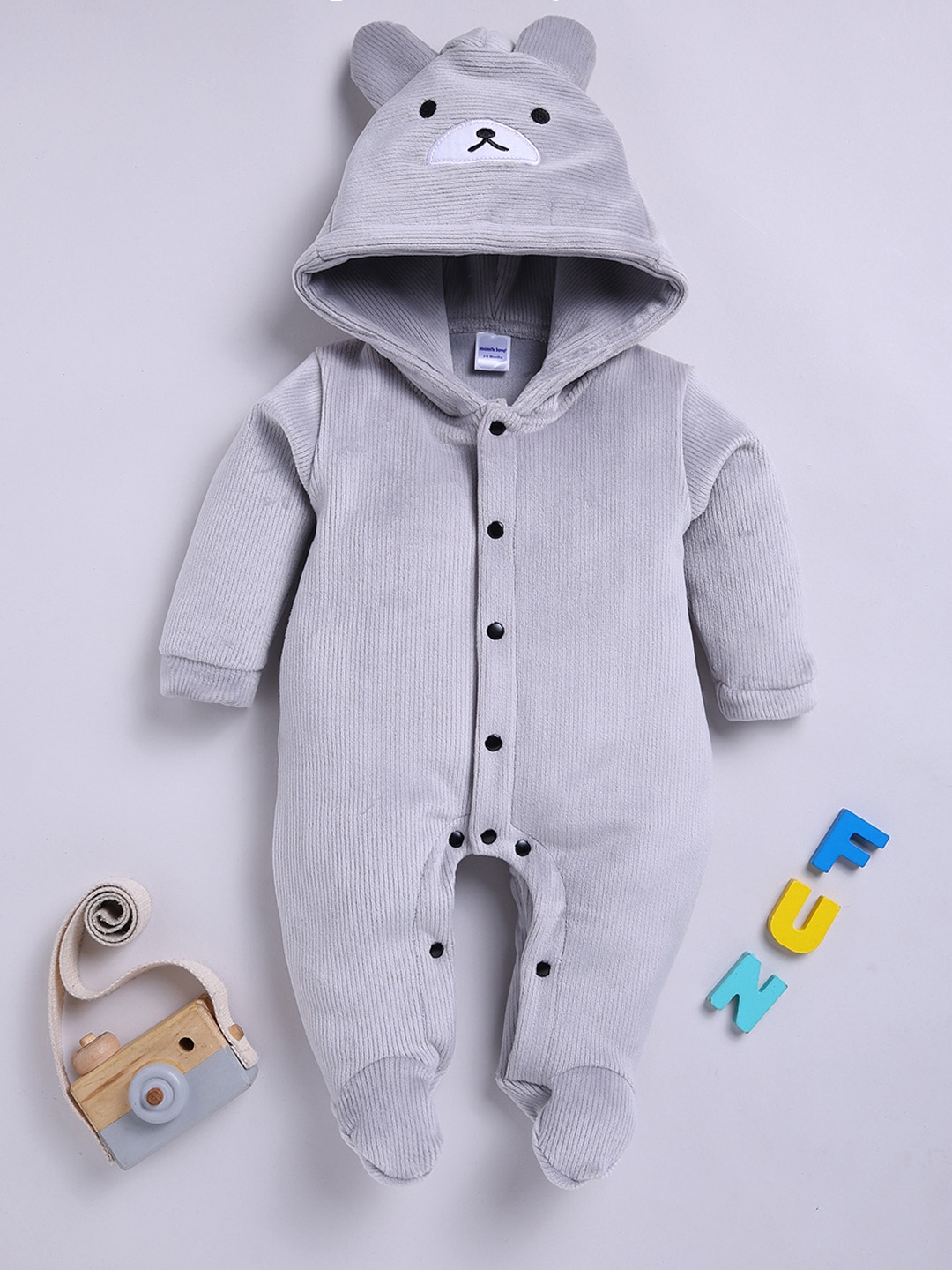 

Moms Love Infant Boys Pure Cotton Velvet Finish Ribbed Hooded Sleepsuit, Charcoal