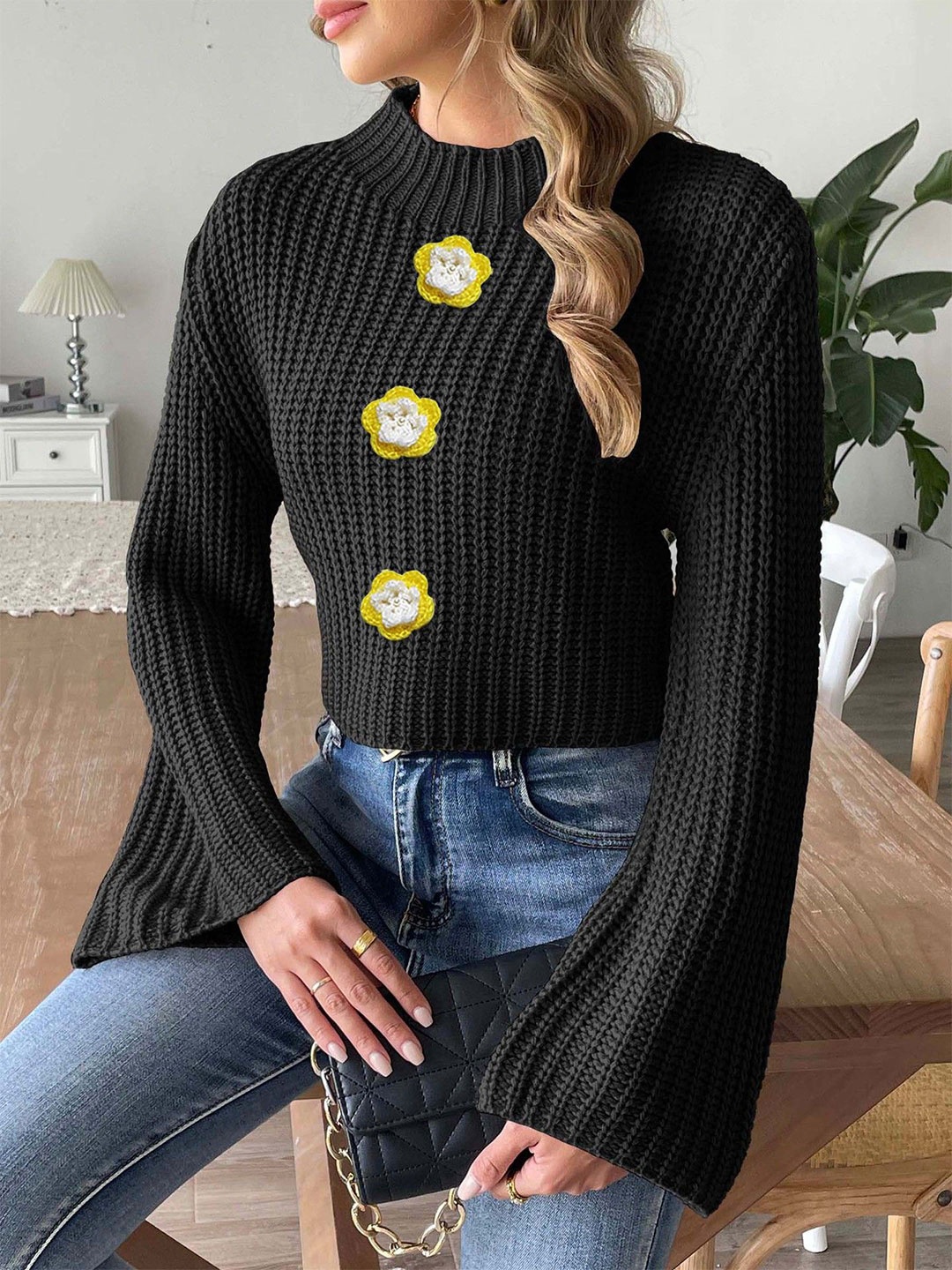 

StyleCast Women Quirky Pullover with Embroidered Detail, Black