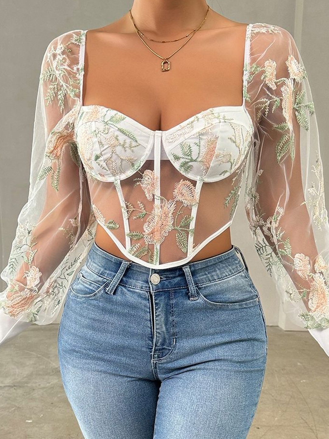 

LULU & SKY Floral Print Tie-Up Neck Puff Sleeve Crop Top, White