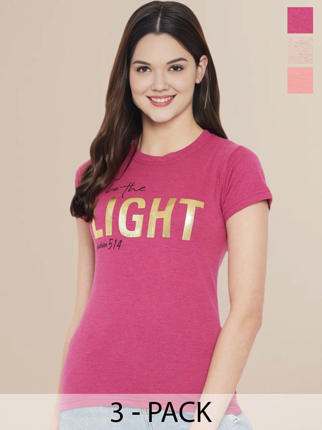

Metronaut Women Pack Of 3 Typography Printed Round Neck Cotton T-shirts, Pink