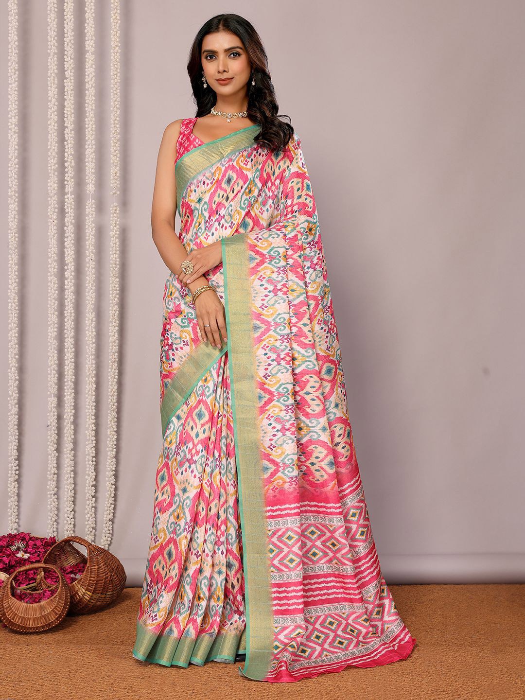 

KALINI Ethnic Motifs Zari Silk Blend Chanderi Saree, Pink