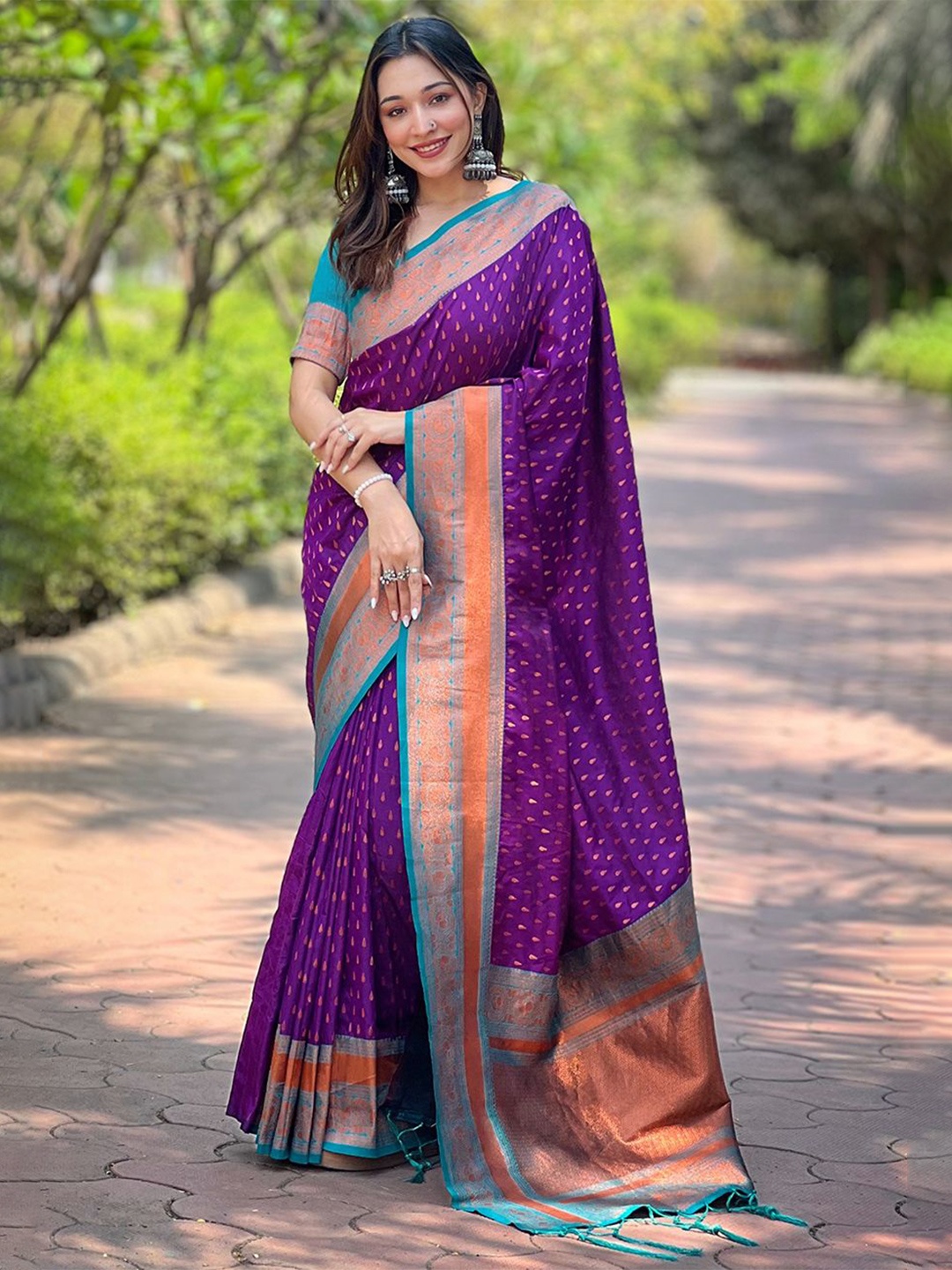 

KSM PRINTS Woven Design Zari Silk Blend Saree, Purple