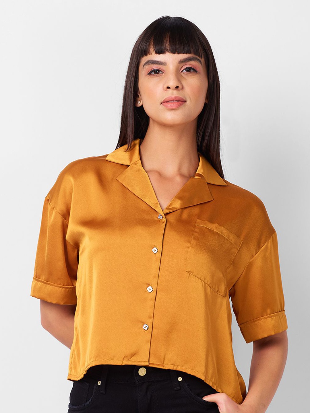 

IZEL Women Solid Boxy Fit Crop Casual Shirt, Mustard