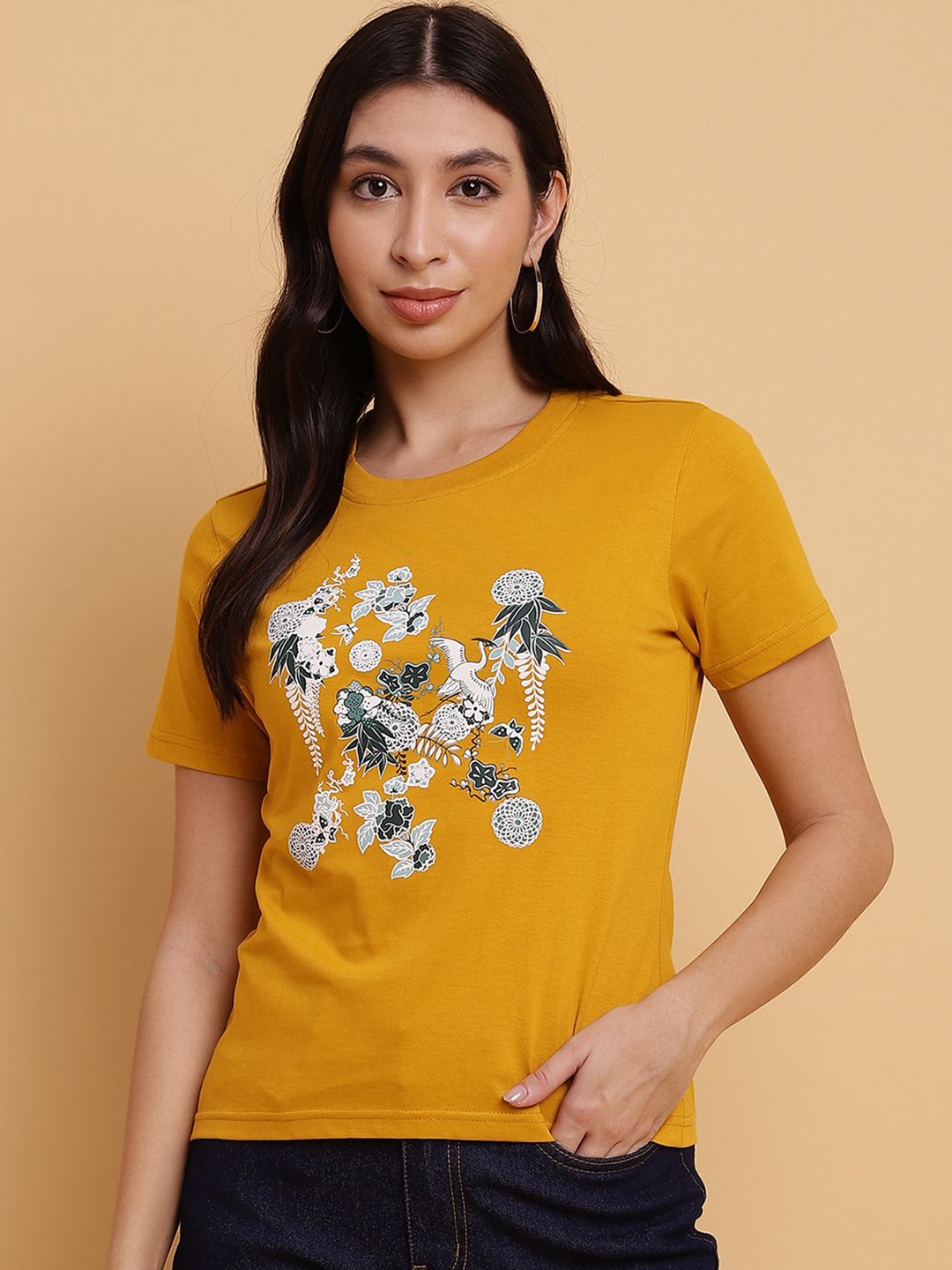 

Sands of India Women Floral T-shirt, Mustard