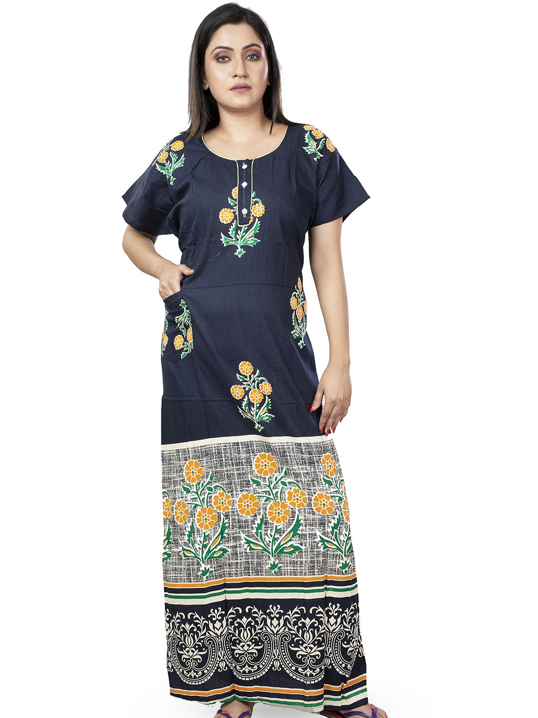 

Laa Calcutta Printed Pure Cotton Maxi Nightdress, Navy blue