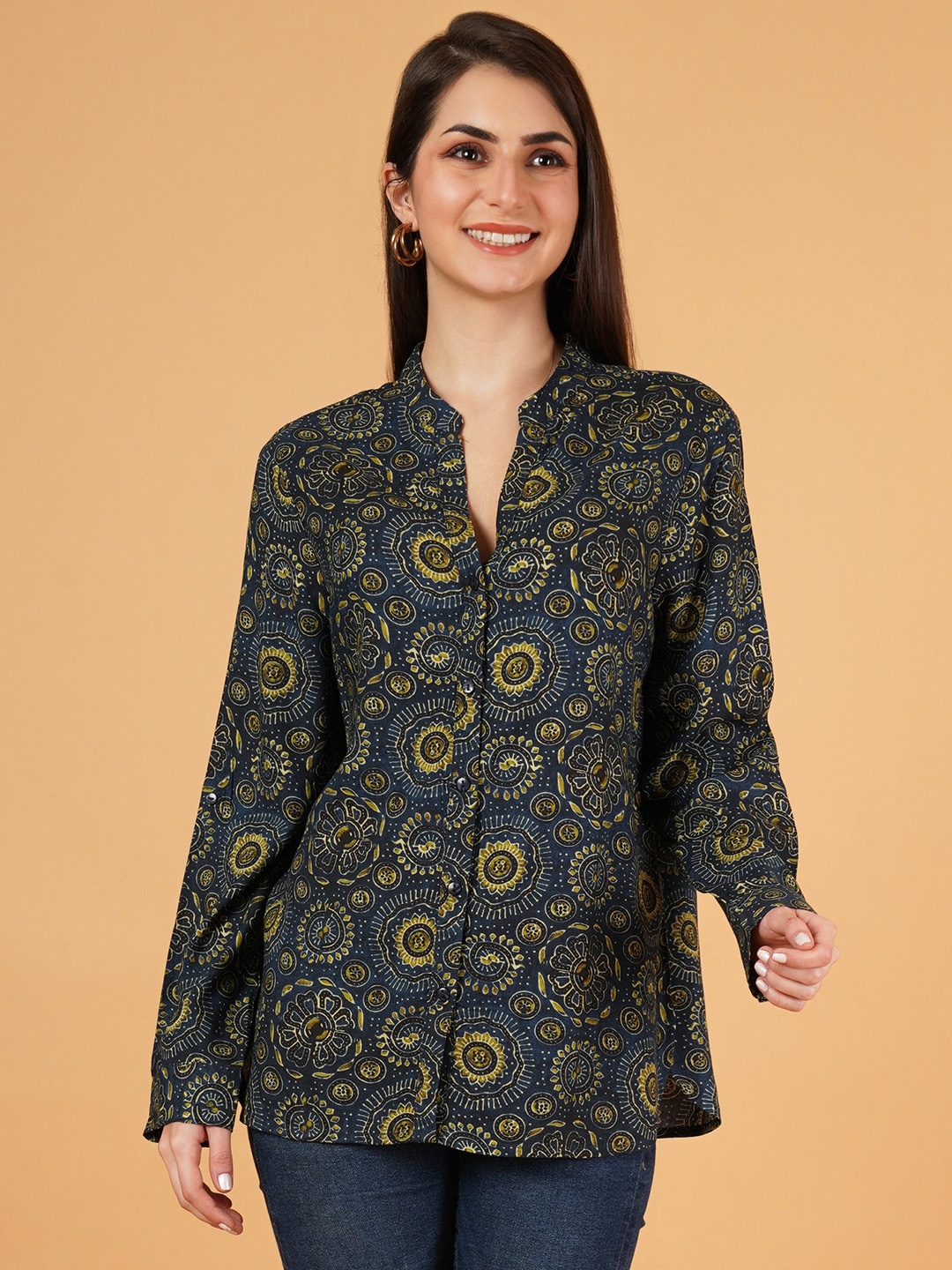 

IX IMPRESSION Print Mandarin Collar Cotton Top, Navy blue