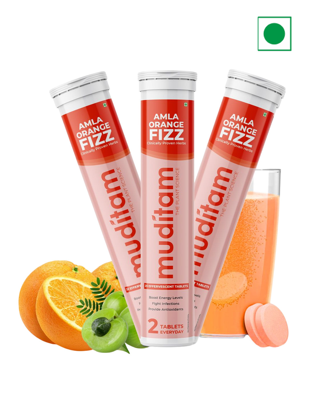 

Muditam Set Of 3 Ayurveda Amla Orange Fizz For Skin & Eyes Booster - 20 Tablets Each, White