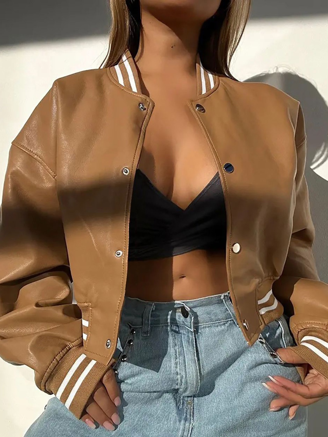 

StyleCast x Revolte Women Leather Lightweight Crop Leather Jacket, Khaki