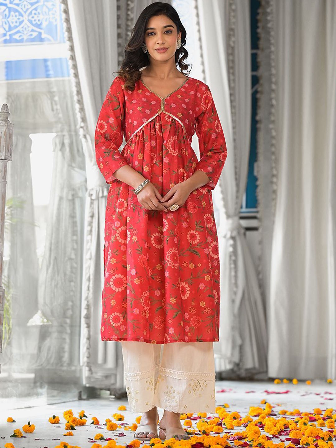 

Varanga Floral Printed Sequinned Cotton A Line Kurta, Red