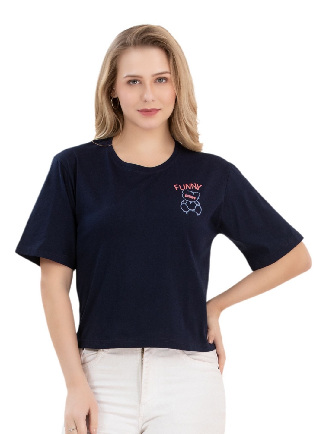 

Trylo Women Drop-Shoulder Sleeves Applique T-shirt, Navy blue