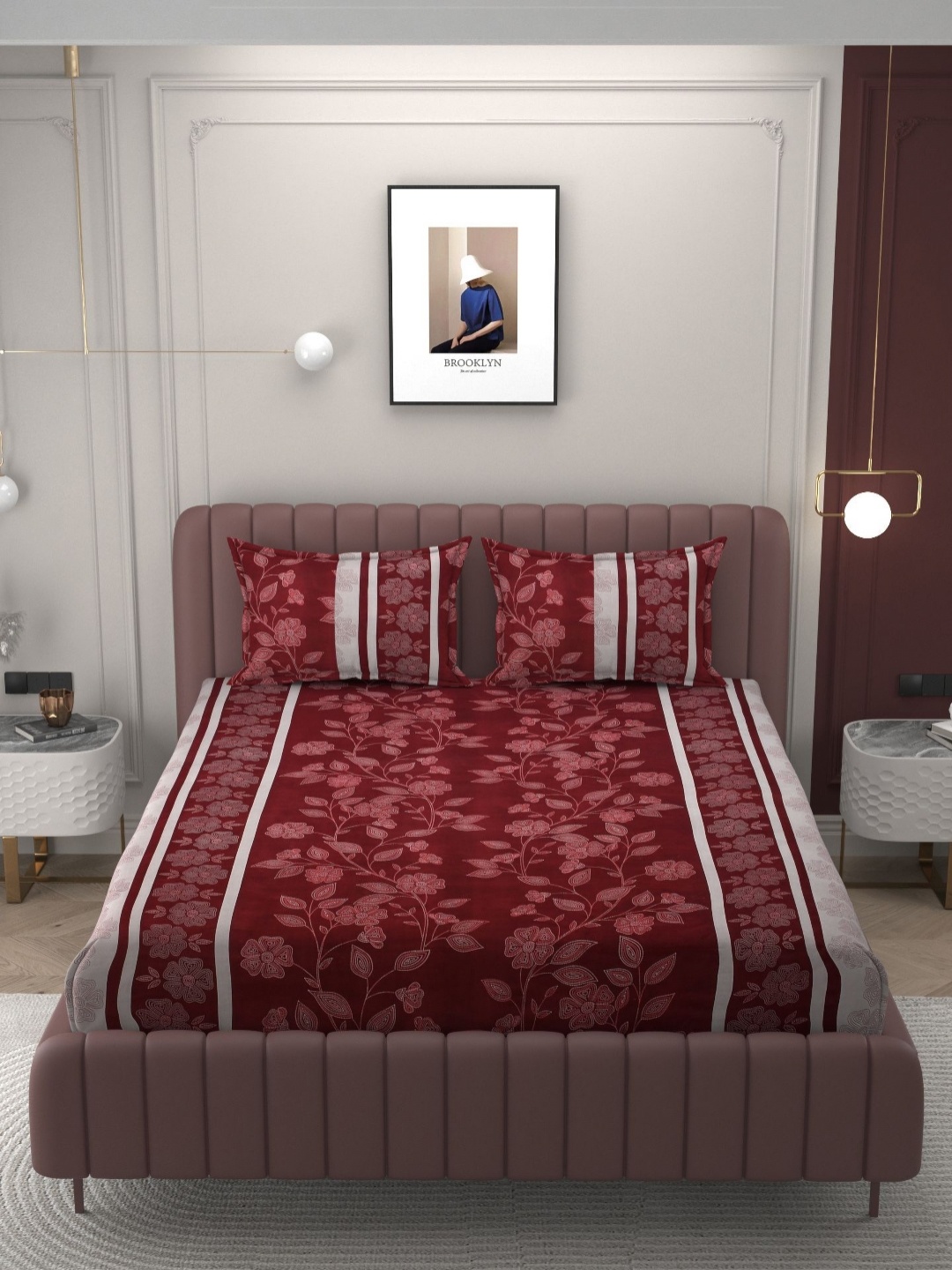 

BELVOSTUM Maroon & Pink Floral 250 TC Queen Bedsheet with 2 Pillow Covers