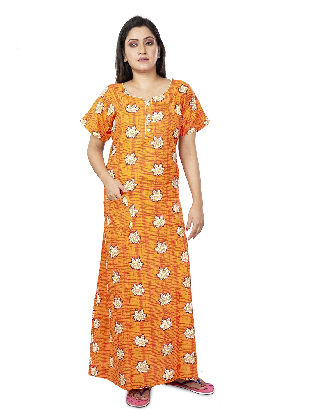 

Laa Calcutta Women Printed Pure Cotton Maxi Nightdress, Orange