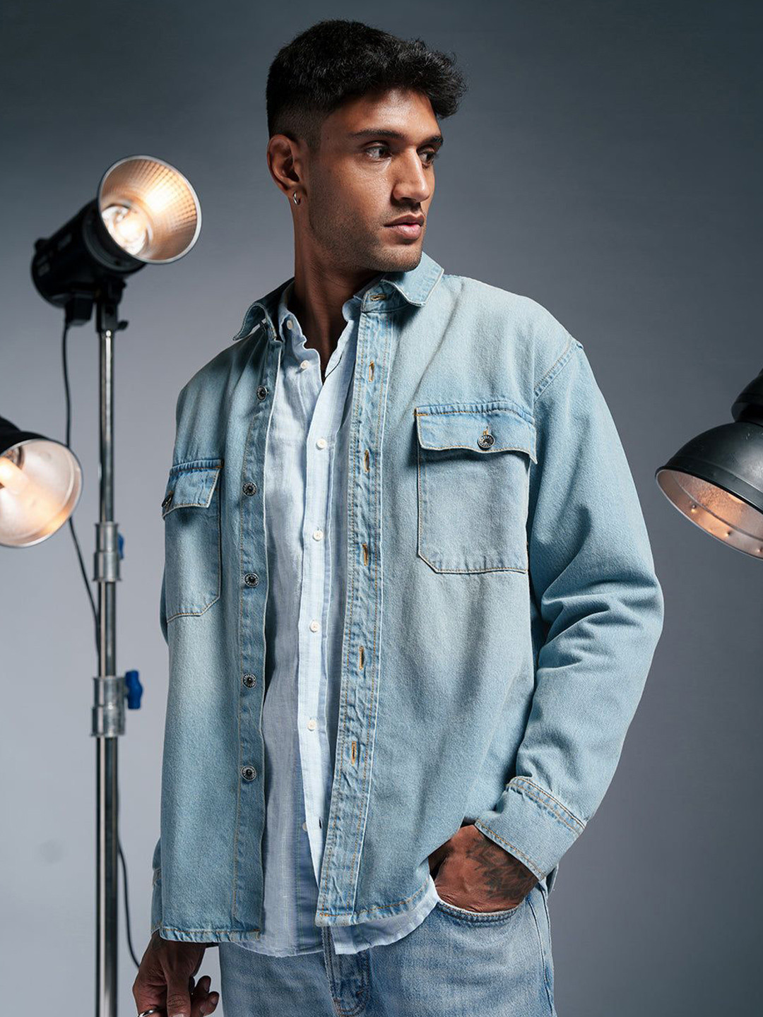 

FREAKINS Men Washed Denim Jacket, Blue