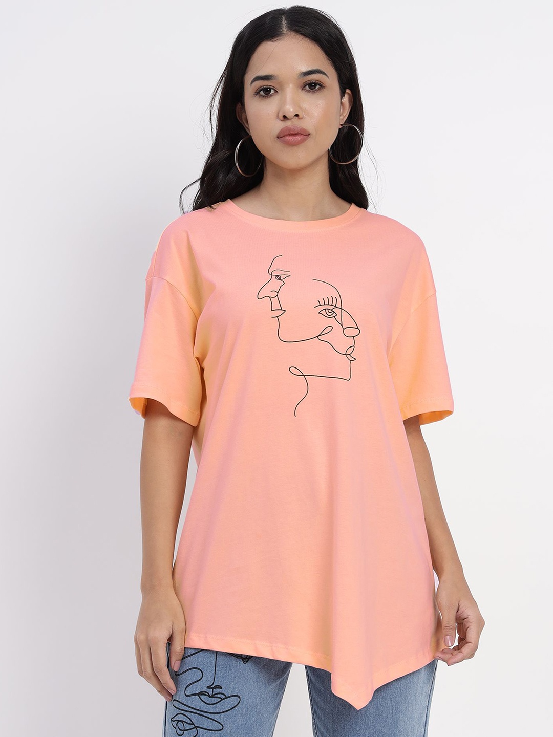 

Sands of India Women Typography Raw Edge Oversized T-shirt, Peach