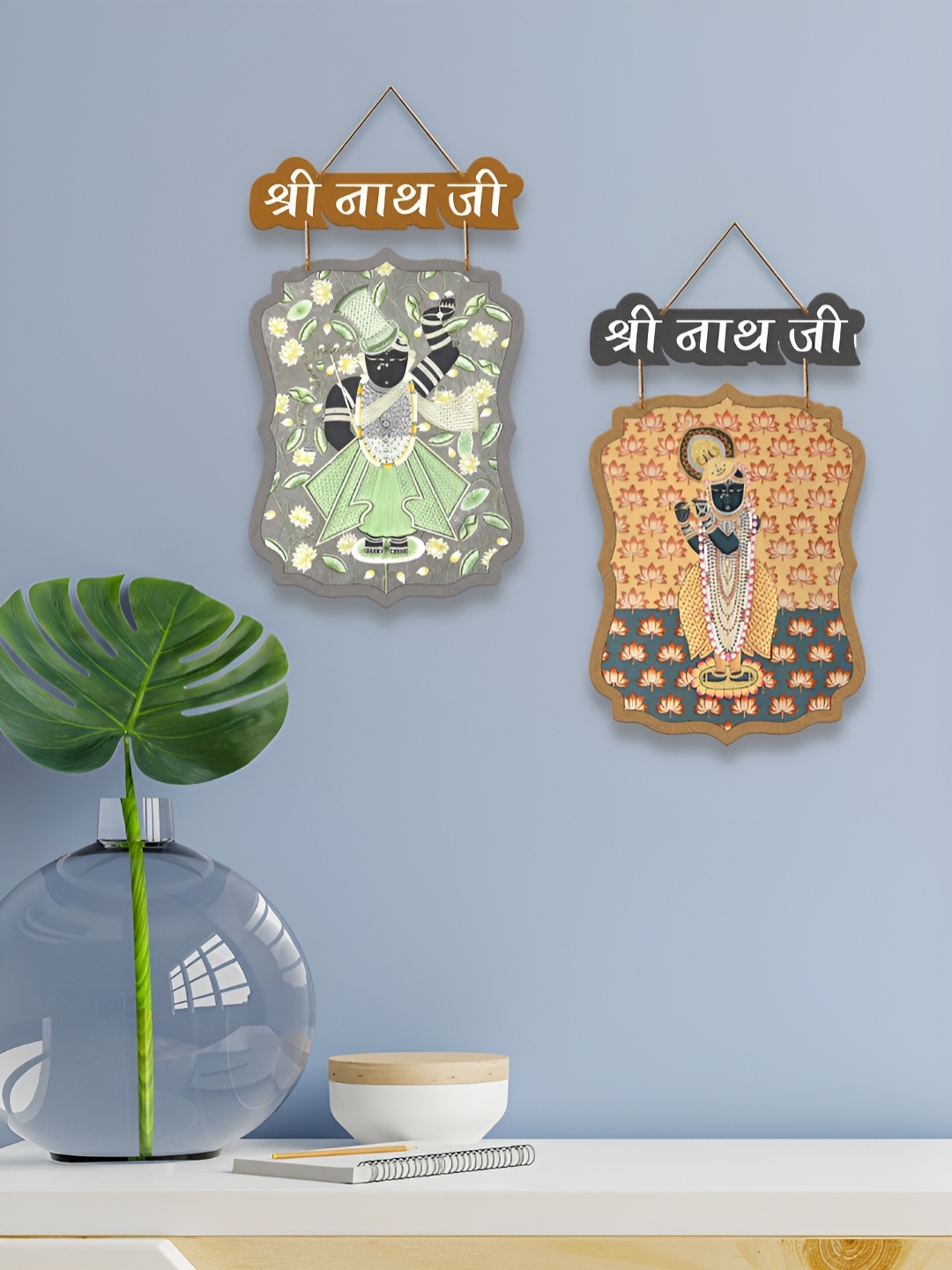 

ArtVibes Grey & Yellow Set Of 2 Printed Wooden Wall Hanging