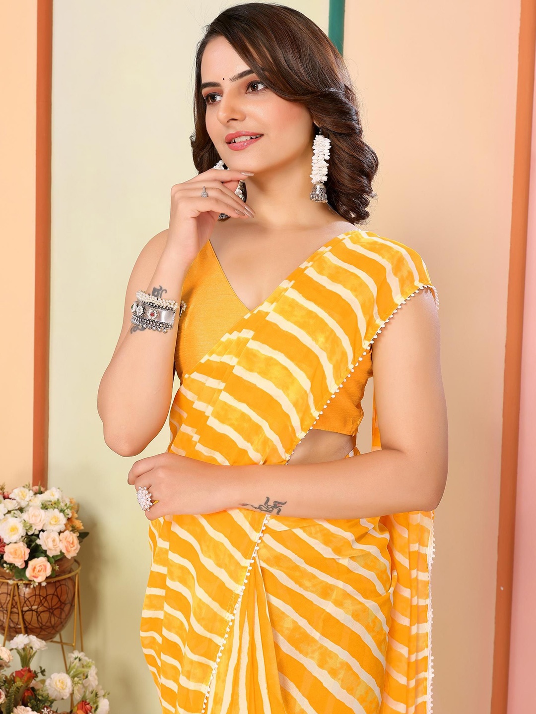 

HERE&NOW Leheriya Poly Georgette Ready to Wear Leheriya Saree, Yellow